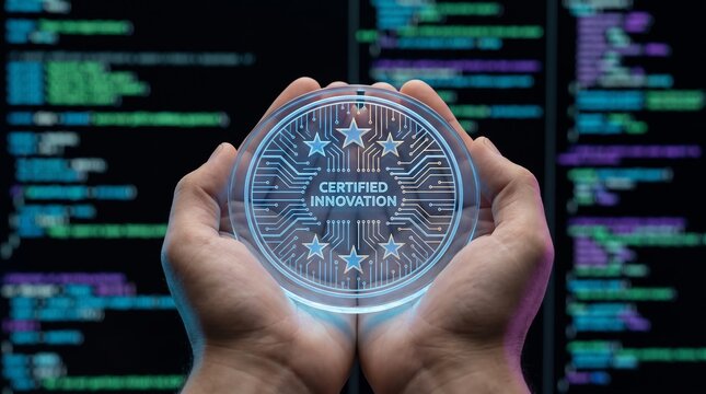 Hands holding a circular glass disc with certified innovation text over computer programming code background