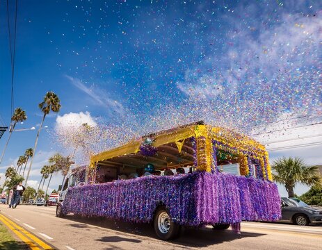 pensacola mardi gras parade float showering streets with beads and confetti from vibrant celebratory procession