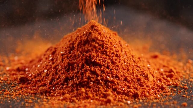 Closeup shot of vibrant red chili powder being poured onto a dark surface.