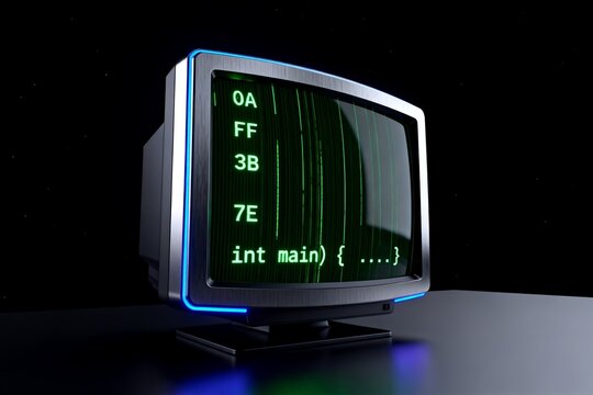 Vintage computer monitor displaying code against dark background