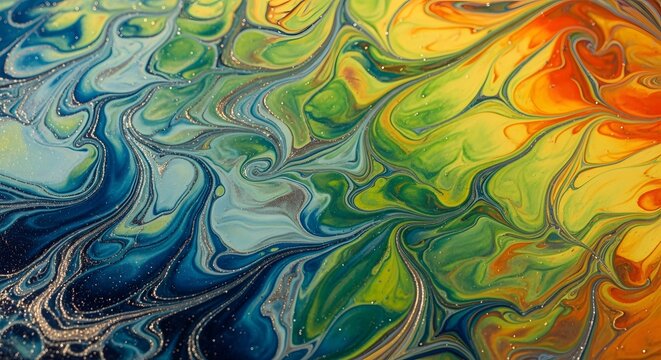 Liquid paint swirls into a marbleized pattern of blended primary and secondary colors.