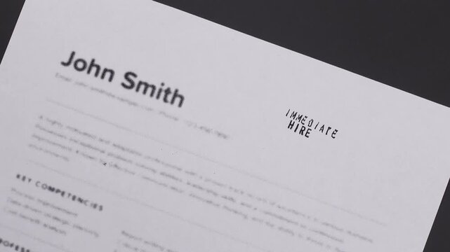 Fake mock CV (curriculum vitae) with Immediate Hire stamp by HR. Concept of job search, fast recruitment process, urgent hiring, and ideal candidate selection.