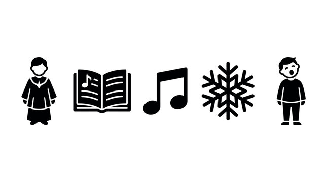 Choir boy, music book, musical note, snowflake, and singing person icons symbolize festive winter holiday carols and seasonal performances.