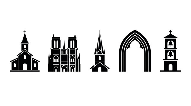 Various religious building architecture icons depicting different church styles, cathedrals, bell towers, and gothic arches in a clean vector illustration.