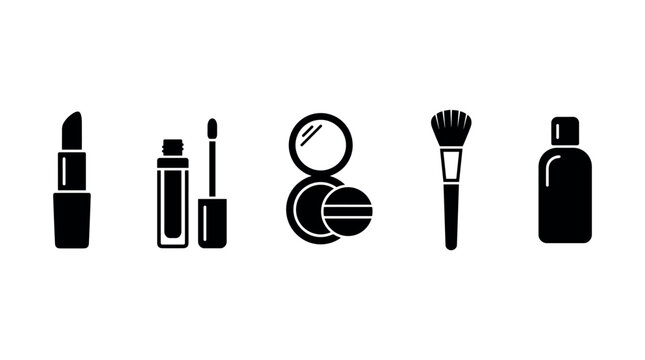 Makeup cosmetic beauty products icons set silhouette illustrating essential items for personal care, beauty routines, and glamour.