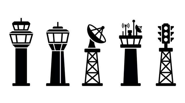 Various communication, control, and signal towers represent essential infrastructure for modern transportation, data transmission, and safety systems worldwide.