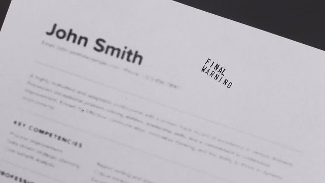 Fake mock CV (curriculum vitae) for John Smith, with  Final Warning stamp by HR. Concept of code of conduct violation, HR discipline, and workplace compliance.