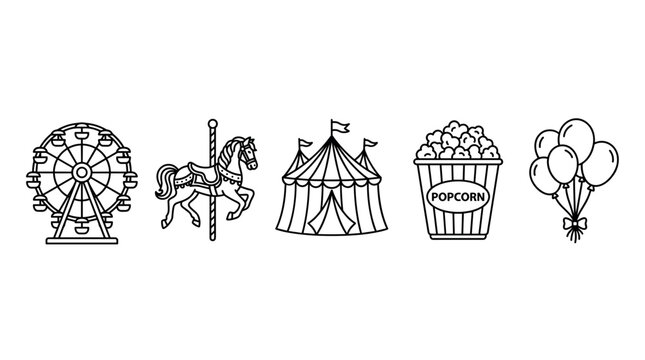 Carnival fair amusement park elements icons set featuring a ferris wheel, carousel horse, circus tent, popcorn, and balloons in a simple line art style.