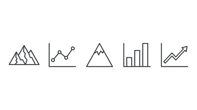 Business data and mountain icons representing challenges, growth, progress, and statistical analysis for corporate presentations and financial reports.