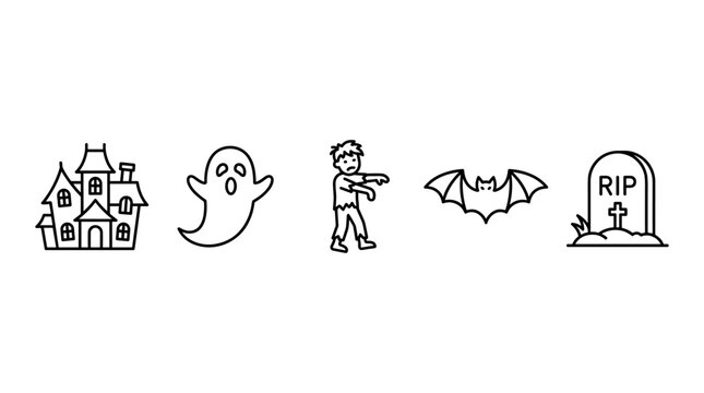 Halloween spooky symbols collection featuring haunted house, flying bat, scary ghost, walking zombie, and old tombstone with RIP inscription, perfect for holiday designs.