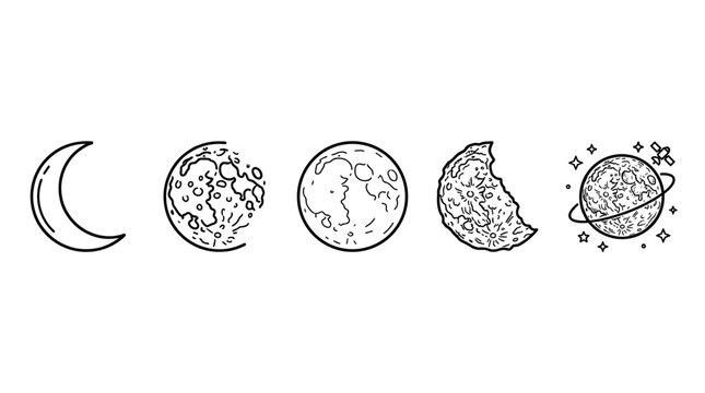 Hand drawn moon and planet celestial bodies astronomy illustrations depict different phases and forms of cosmic objects in a simple line art style.