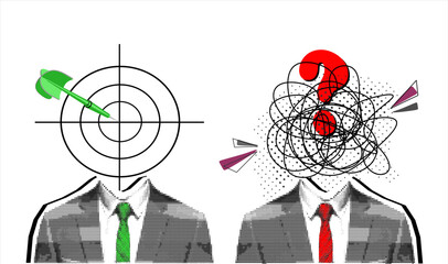 Plakat Trendy Halftone Collage two business , with a chaotic brain with question and a calm, circular brain with target