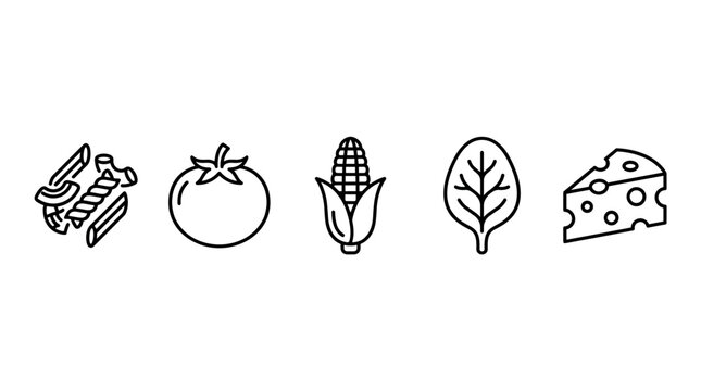 Pasta, tomato, corn, spinach, and cheese icons are simple line art illustrations representing various fresh and staple food ingredients for cooking.