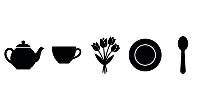 Teapot, teacup, flowers, plate, and spoon are presented as a collection of simple black silhouette icons representing common household and dining elements.