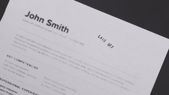 Fake mock CV (curriculum vitae) for John Smith, with  Laid Off stamp by HR. Job loss concept for employment change, layoffs, and career uncertainty.