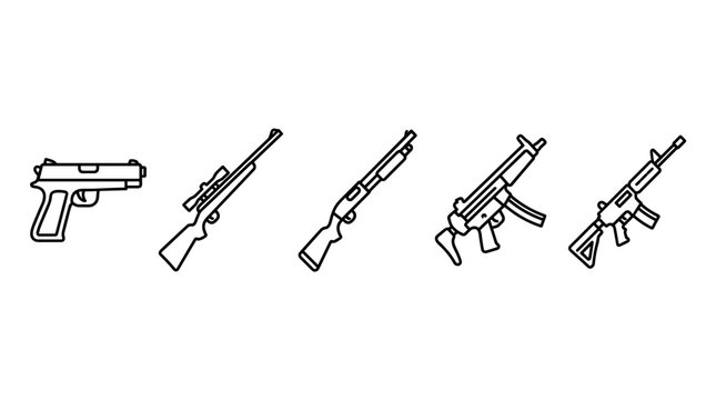 Various firearm weapon gun rifle pistol shotgun outline vector icons illustrate a diverse collection of modern weaponry and defense equipment.