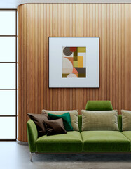 Obraz premium 3D render, illustration Large Luxury modern living room interior, brutalist architecture realistic lighting, Graphic Overlay wide angle, contemporary furniture, clean lines, minimalist decor, elegan