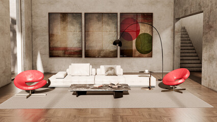 Obraz premium 3D render, illustration Large Luxury modern living room interior, brutalist architecture realistic lighting, Graphic Overlay wide angle, contemporary furniture, clean lines, minimalist decor, elegan