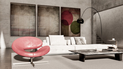 Obraz premium 3D render, illustration Large Luxury modern living room interior, brutalist architecture realistic lighting, Graphic Overlay wide angle, contemporary furniture, clean lines, minimalist decor, elegan