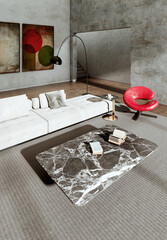 Obraz premium 3D render, illustration Large Luxury modern living room interior, brutalist architecture realistic lighting, Graphic Overlay wide angle, contemporary furniture, clean lines, minimalist decor, elegan
