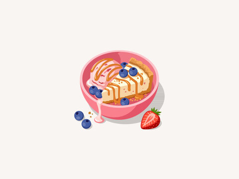Strawberry Ice Cream and Cheesecake Slice with Blueberry and Caramel Sauce Vector Illustration