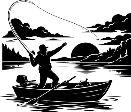 Man in a small boat fishing on a serene lake at sunset  peaceful scene