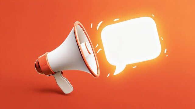 Megaphone amplifies sound with bright speech bubble alongside. Vibrant orange background enhances visibility and clarity. Concept of marketing, advertising, public relations