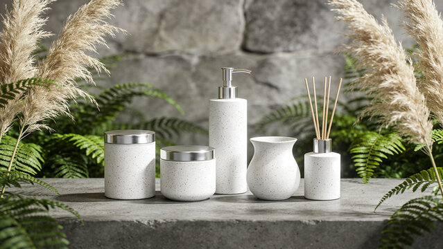 A serene bathroom setup with white containers and reed diffuser on a stone surface surrounded by lush green ferns and pampas.