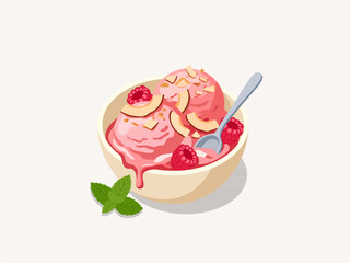 Raspberry Coconut Ice Cream Scoops with Mint Leaf and Spoon Vector Illustration © Akasha Design