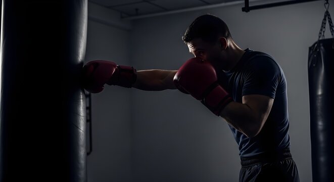 Man In Boxing Gloves Punches A Punching Bag In A Dark Gym With Sweat Dripping Off His Face