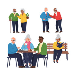 Obraz premium Elderly friends enjoying life: illustration set with diverse activities