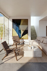 Obraz premium 3D render, illustration Large Luxury modern living room interior, brutalist architecture realistic lighting, Graphic Overlay wide angle, contemporary furniture, clean lines, minimalist decor, elegan
