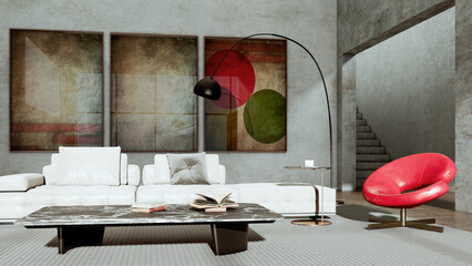Obraz premium 3D render, illustration Large Luxury modern living room interior, brutalist architecture realistic lighting, Graphic Overlay wide angle, contemporary furniture, clean lines, minimalist decor, elegan