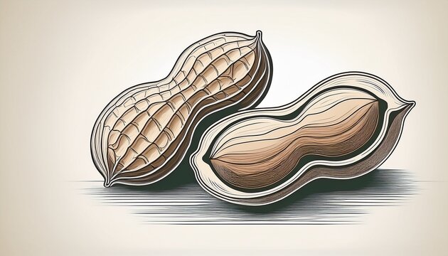 continuous line drawing of two peanuts one shelled and one in its shell rendered in a minimalist artistic style with a single flowing black stroke