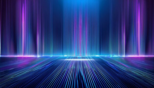 cyberpunk stage floor with glowing neon light strips and vertical pillars of light in blue and violet tones creating futuristic studio background for product display