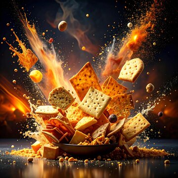 Crispy Cracker Explosion with Cheese Seasoning and Flying Crunchy Pieces