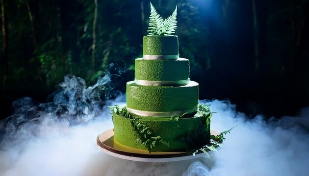 luxury multi tiered emerald green cake with edible ferns surrounded by dramatic dry ice fog ideal for sophisticated weddings enchanted forest celebrations upscale anniversaries or premium st