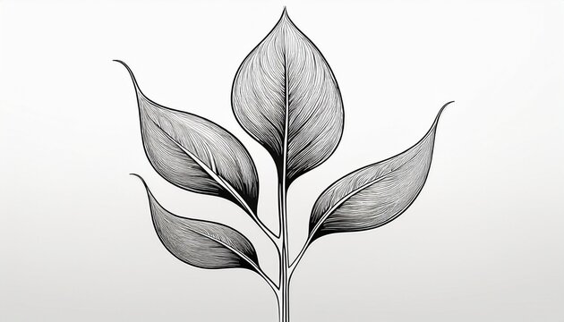 minimalist continuous line art drawing of a plant stem with multiple leaves growing upwards from a single horizontal stroke rendered in elegant black ink