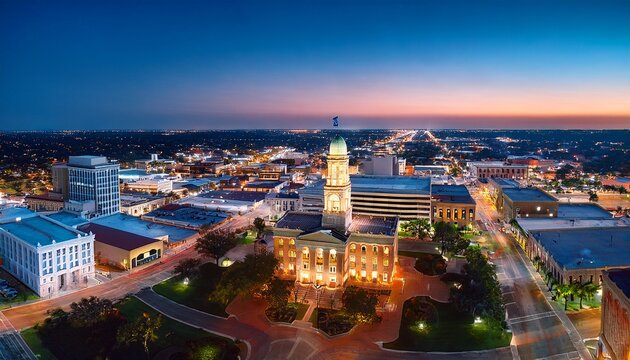 night aerial view of waco texas courthouse downtown skyline