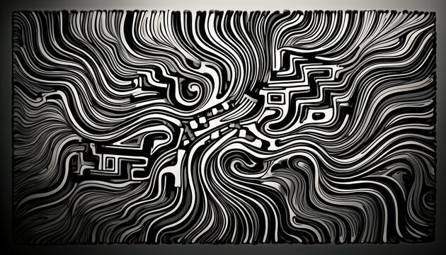 stylized hand drawn black qr code with a horizontal line passing through its center featuring artistic wavy patterns and decorative corner brackets