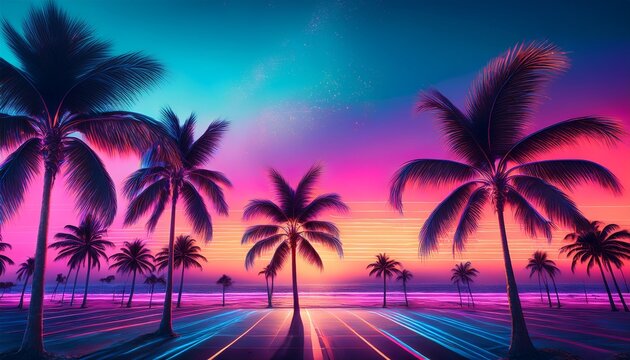 vibrant miami vice background with neon colors palm trees and retro aesthetic for creative projects