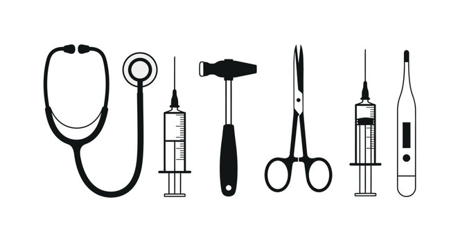Medical instruments illustration stethoscope syringe scissors and more