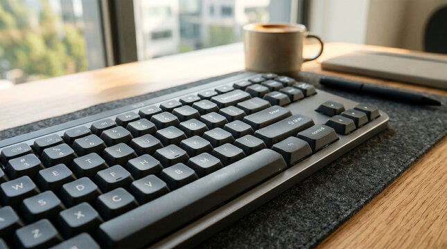 Close-up of a black computer keyboard on a gray mousepad with a cup of coffee and notebook on a wooden desk in a modern office setting with natural light.