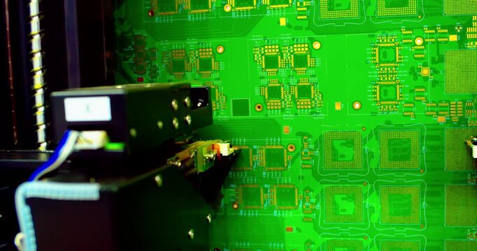 Extreme close-up of a high-tech robotic testing arm conducting quality control on a printed circuit board (PCB). Automated electronics manufacturing, artificial intelligence in industry