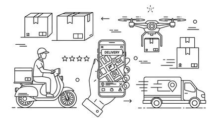 Fototapeta premium Delivery concept illustration with boxes scooter drone and truck in line art