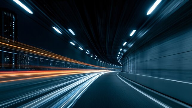 Dynamic Light Trails in Urban Tunnel at Night