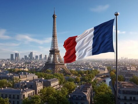 Eiffel tower landmark in paris with french flag flying