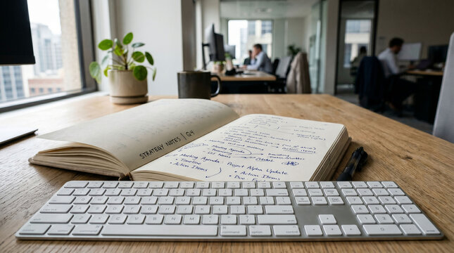 Business strategy notes written in a notebook on a wooden desk with a computer keyboard in a modern office setting with coworkers in the background.