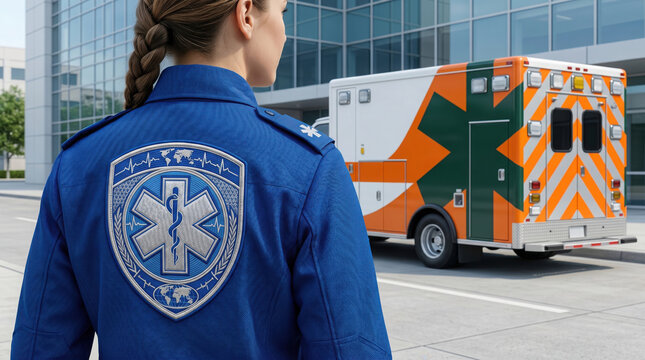 Emergency medical technician wearing a blue uniform standing outside an orange generated using ai