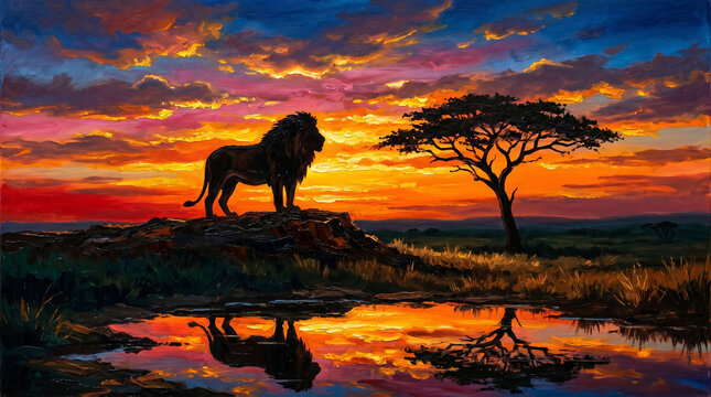 A majestic male lion silhouette atop an acacia hill, framed by a vibrant sunset sky of reds, oranges, and blues, reflecting in a watering hole.
